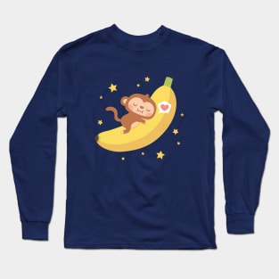 Cute Monkey Hugging Banana Moon Funny Long Sleeve T-Shirt